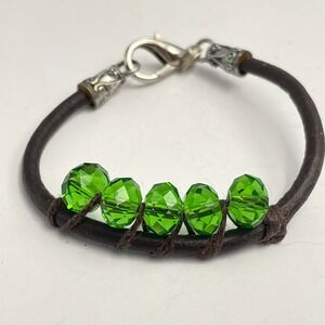 Vintage 90s Brown Leather Cord Bracelet Green Glass Beads Boho Silver Tone Boho